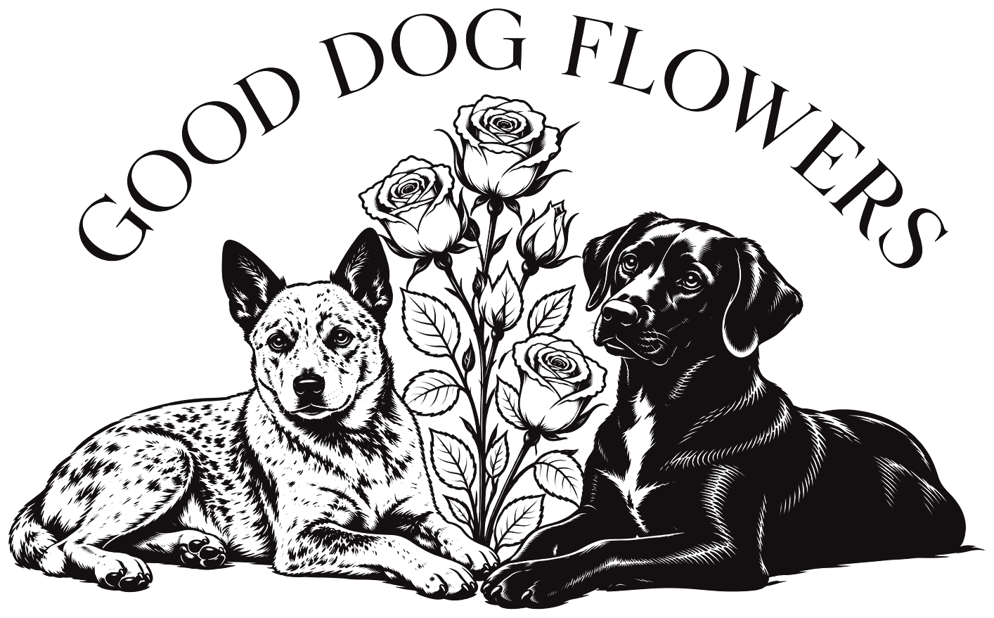 Good Dog Flowers — two dogs resting beside a bouquet of roses